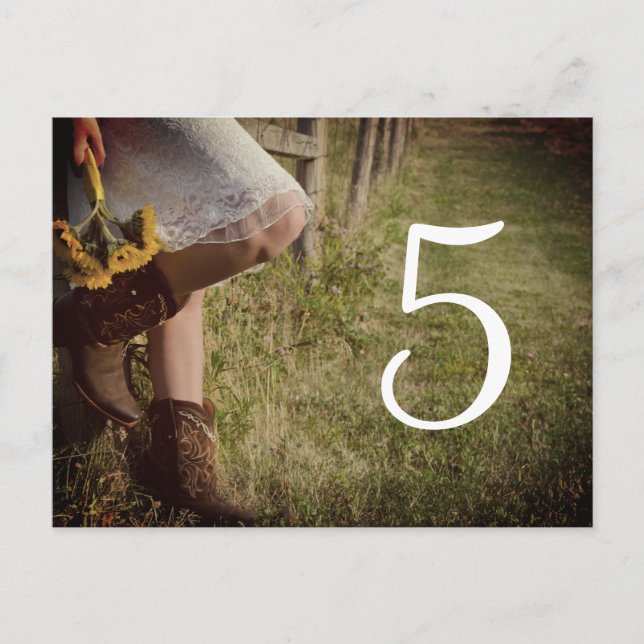 Cowgirl and Sunflower Western Wedding Table Number (Front)