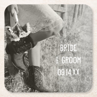 Cowgirl and Sunflowers Country  Wedding Square Paper Coaster