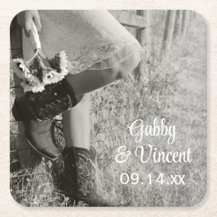 Cowgirl and Sunflowers Country Wedding Square Paper Coaster