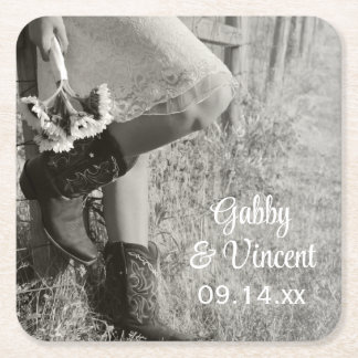 Cowgirl and Sunflowers Country  Wedding Square Paper Coaster