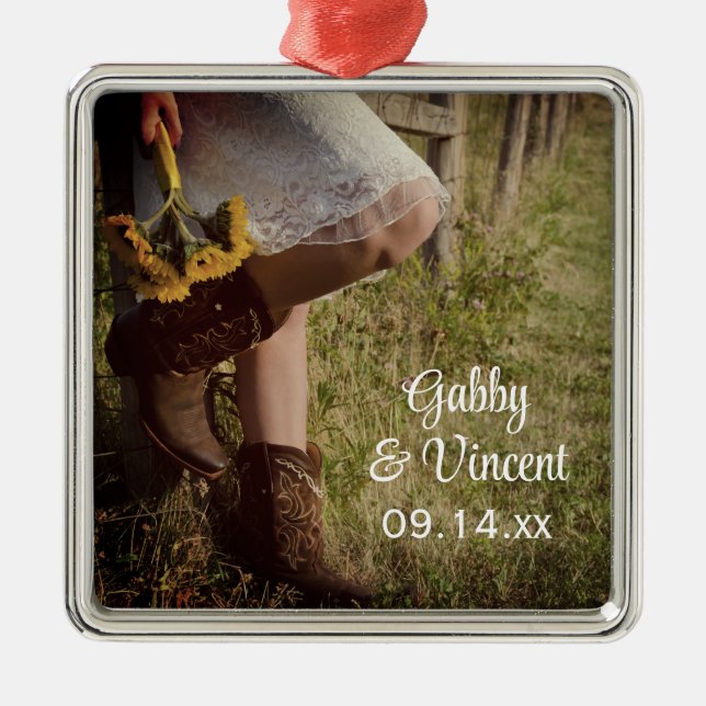 Cowgirl and Sunflowers Country Western Wedding Metal Ornament (Front)