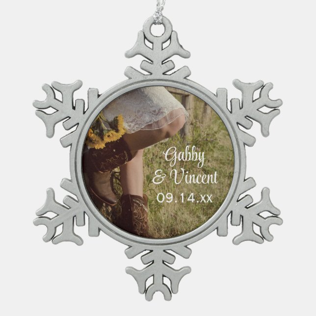 Cowgirl and Sunflowers Country Western Wedding Snowflake Pewter Christmas Ornament (Front)