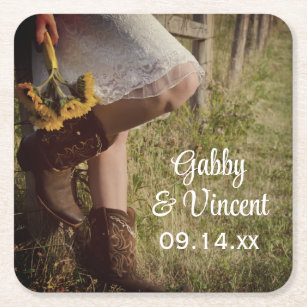 Cowgirl and Sunflowers Country Western Wedding Square Paper Coaster