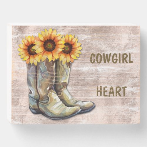 Cowgirl at Heart Sunflower Boots Wooden Box Sign