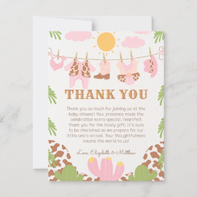 Cowgirl Baby Clothesline Western Thank You Card (Front)
