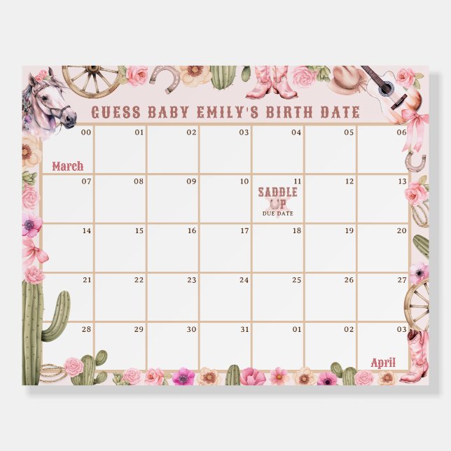 Cowgirl Baby Due Date Guess Sign Foam Board (Front)