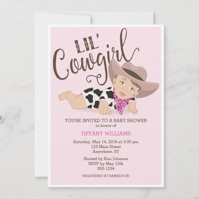 Cowgirl Baby Girl Shower Invitation Brunette Brown (Front)