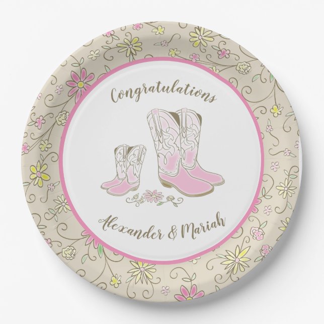 Cowgirl Baby Shower Country Western Pink Girl Paper Plates (Front)