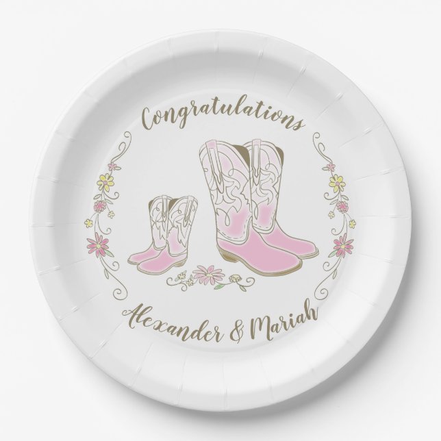 Cowgirl Baby Shower Country Western Pink Girl Paper Plates (Front)