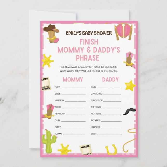 Cowgirl Baby Shower Game - Editable Name, 5x7 size Invitation (Front)