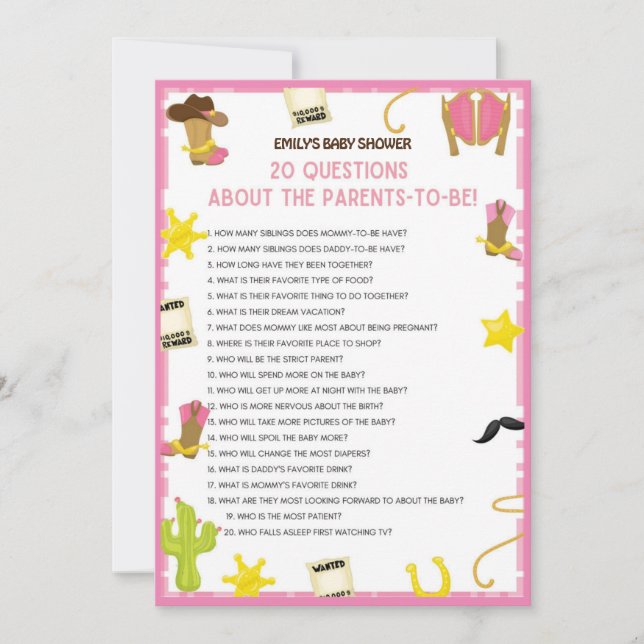 Cowgirl Baby Shower Game - Editable Name, 5x7 size Invitation (Front)
