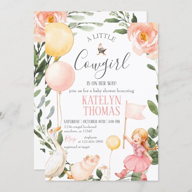 Cowgirl Baby Shower Invitation with Greenery (Front/Back)