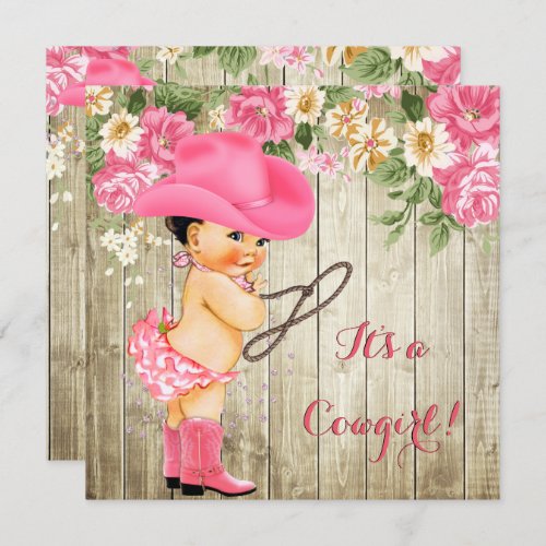 Cowgirl Baby Shower Pink Boots Floral Brunette Invitation