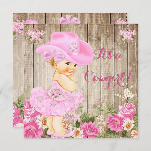 Cowgirl Baby Shower Pink Rustic Wood Girl Blonde Invitation