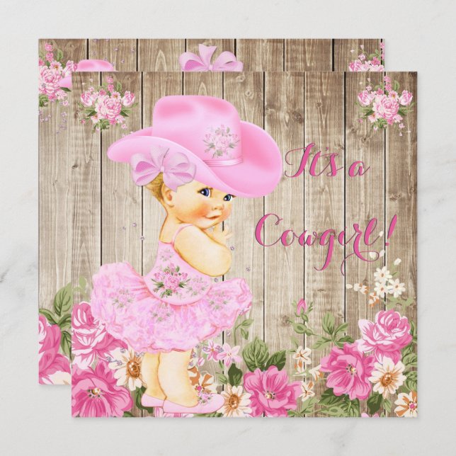 Cowgirl Baby Shower Pink Rustic Wood Girl Blonde Invitation (Front/Back)