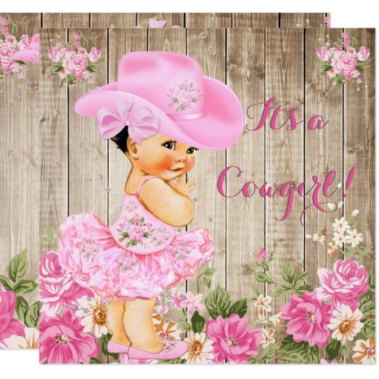 Cowgirl Baby Shower Pink Rustic Wood Girl Brunette Invitation