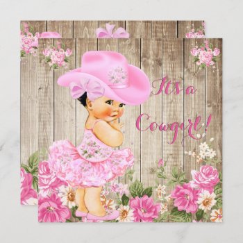 Cowgirl Baby Shower Pink Rustic Wood Girl Brunette Invitation by VintageBabyShop at Zazzle