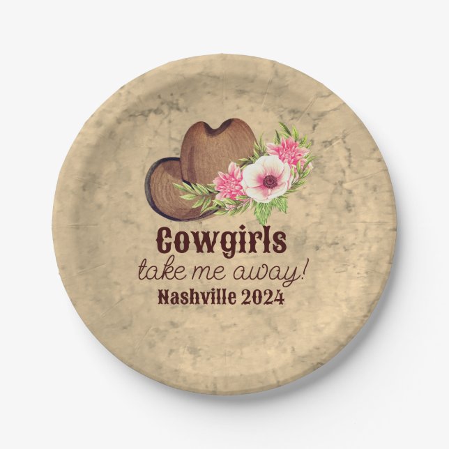 Cowgirl Bachelorette Rustic Pink Floral  Paper Plates (Front)