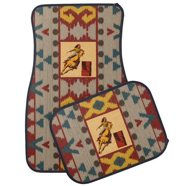 Cowgirl Barrel Racing Horse Riding Aztec Tribal  Car Floor Mat (Set)