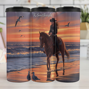 Cowgirl Beach Ride Sunset Gulls Thermal Tumbler
