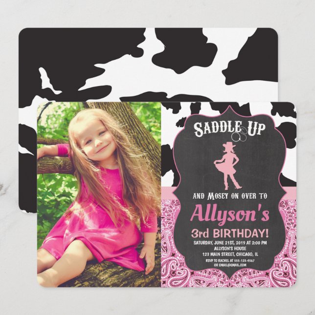 Cowgirl birthday bandana cow print photo invitation (Front/Back)
