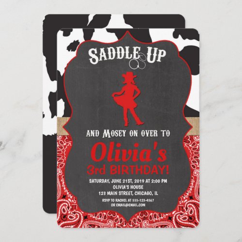 Cowgirl birthday invitation black red cow print