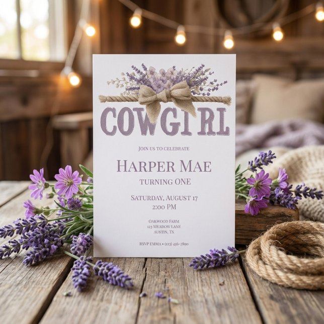 Cowgirl Birthday Invitation | Farm Theme (watercolor cowgirl birthday invitation with lavender flowers on rustic wooden background)