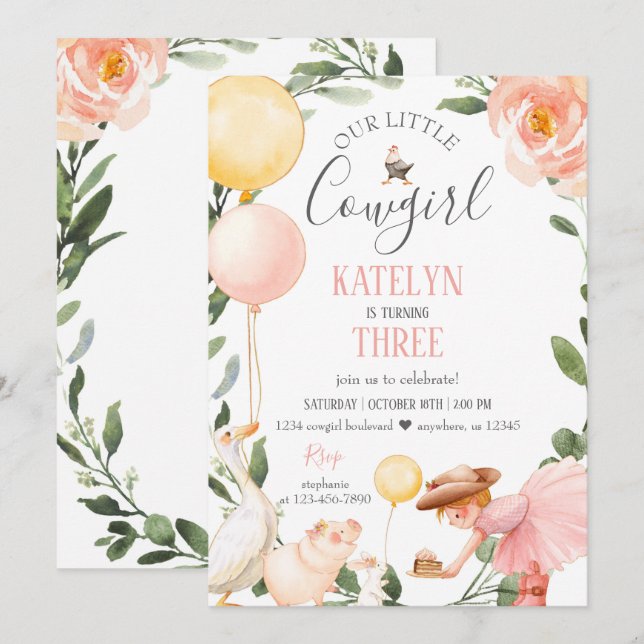 Cowgirl Birthday Invitation with Greenery (Front/Back)