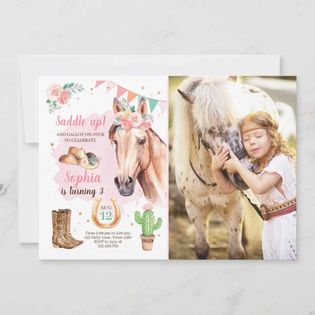 Cowgirl Birthday Invite Girl Horse Pink Watercolor (Front)