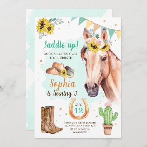 Cowgirl Birthday Invite Girl Horse Sunflowers Blue