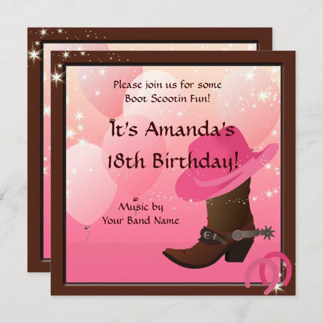 Cowgirl Birthday Party Boot Scottin Custom Invitation (Front/Back)