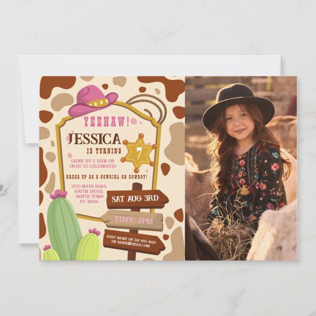 Cowgirl Birthday Party Western Girls Pink Photo Invitation (Front)