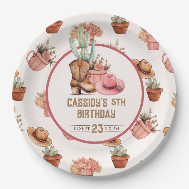 Cowgirl Birthday theme Party Wildwest Western Paper Plates (Front)