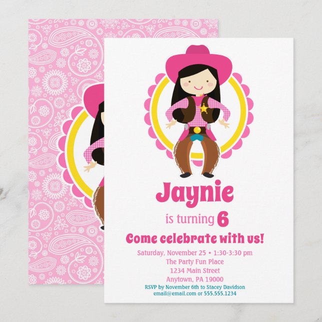 Cowgirl - Black Hair Cowgirl Birthday Party Invitation (Front/Back)