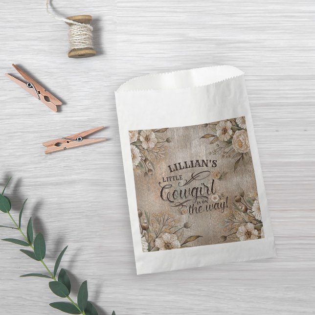 Cowgirl Boho Floral Western Script Favor Bag (A little cowgirl is on the way vintage boho western baby shower favor bag)