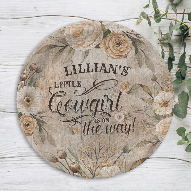 Cowgirl Boho Floral Western Script Paper Plates (a little cowgirl is on the way vintage paper plate with boho florals)