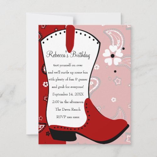 Cowgirl Boot Birthday Personalized Invitation