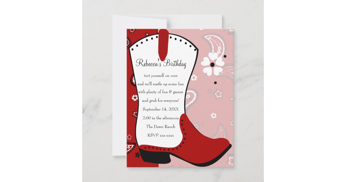 Cowgirl Boot Birthday Invitation Zazzle
