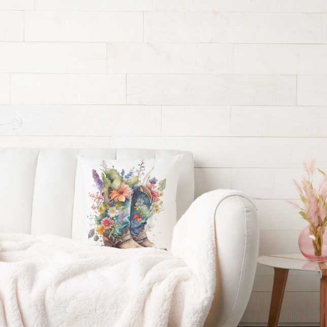 Cowgirl Boots and Colorful Flowers Throw Pillow (Couch)