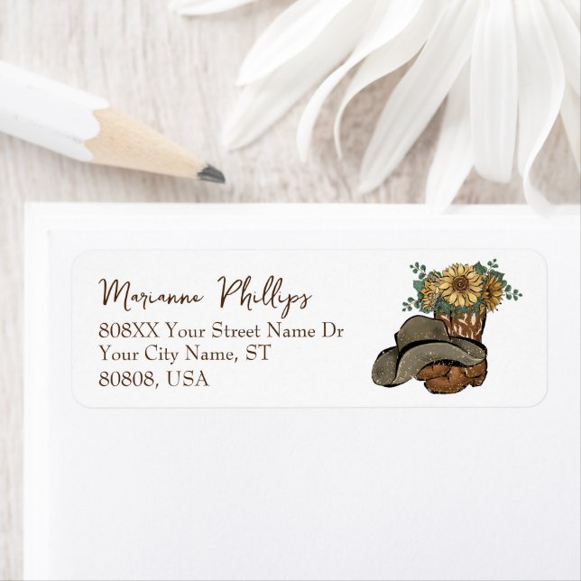 Cowgirl Boots and Hat with Sunflowers Label (Insitu)