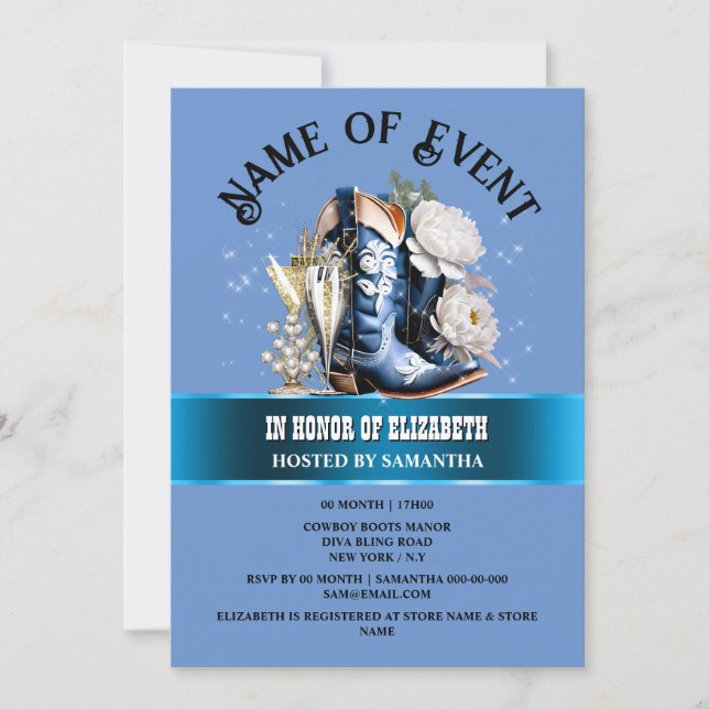 Cowgirl boots bling blue white peony flower chic invitation (Front)