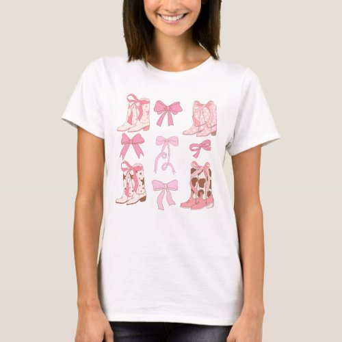 Cowgirl Boots Bows Coquette Aesthetic Vintage Pink T_Shirt