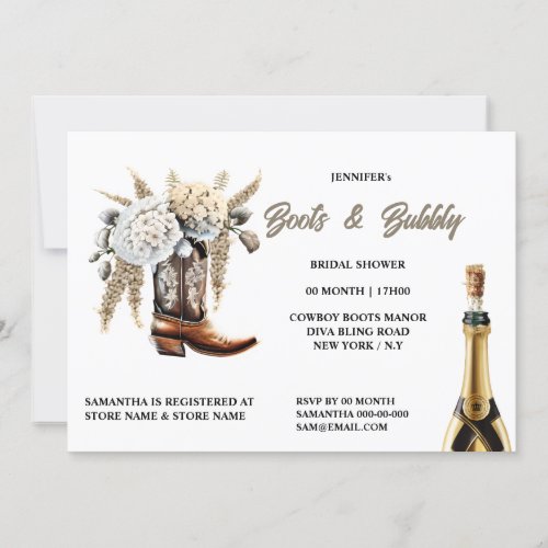 Cowgirl boots bubbly floral western bridal shower invitation