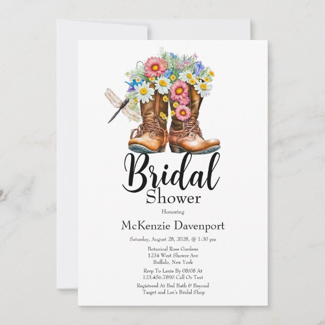 Cowgirl Boots Floral Dragonfly Bridal Shower Invitation (Front)
