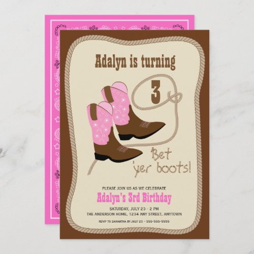 Cowgirl Boots  Girlâs Western Birthday Party Invitation