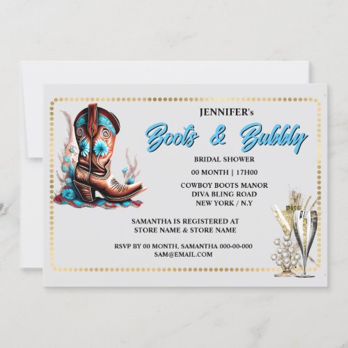 Cowgirl boots glass bubbly floral gold frame chic invitation