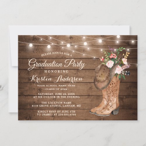 Cowgirl Boots Graduation Party Invitation - Rustic Cowgirl Boots Graduation Party Invitation. 
(1) For further customization, please click the "customize further" link and use our design tool to modify this template. 
(2) If you prefer Thicker papers / Matte Finish, you may consider to choose the Matte Paper Type. 
(3) If you need help or matching items, please contact me.
