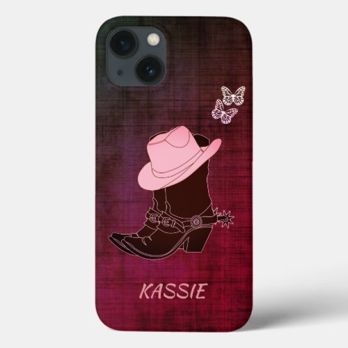 Cowgirl Boots Hat Butterfly Burgundy Personalized iPhone 13 Case