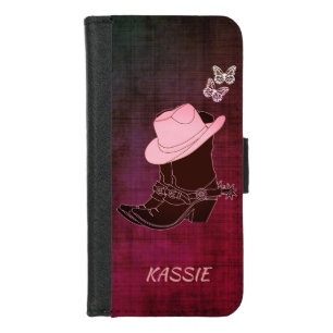 Cowgirl Boots Hat Butterfly Burgundy Personalized iPhone 8/7 Wallet Case
