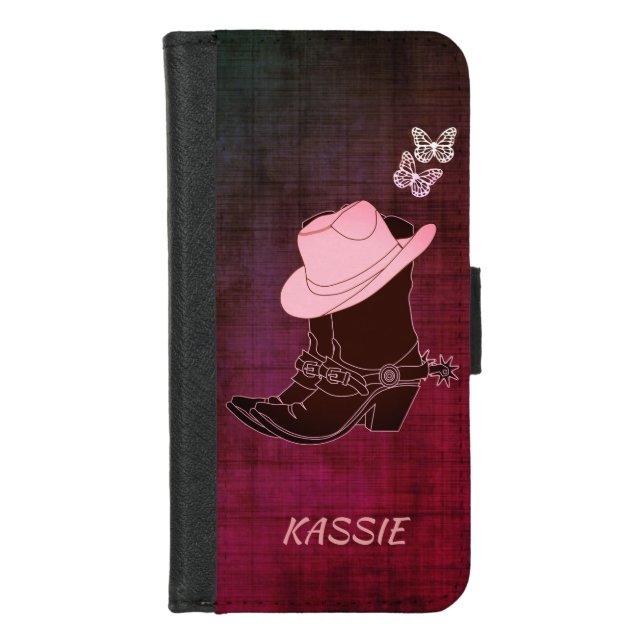 Cowgirl Boots Hat Butterfly Burgundy Personalized iPhone Wallet Case (Front)